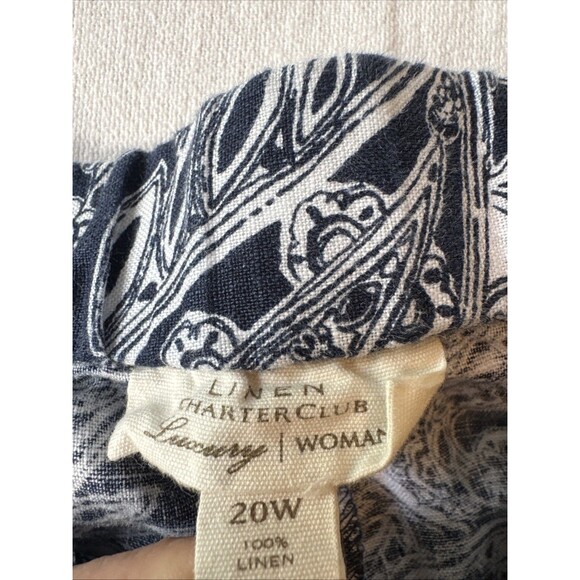Charter Club 100% Linen Paisley Floral Comfy Pants Navy & White Size 20W Pockets - Picture 3 of 7